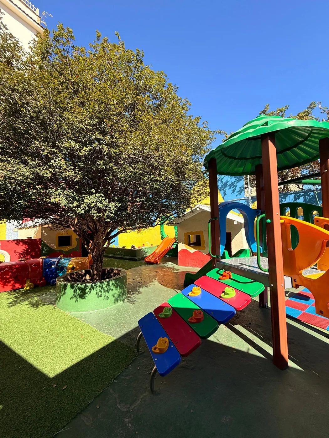 Pátio com árvore grande, brinquedo de vários níveis com cobertura verde e escorregadores, sob sol forte