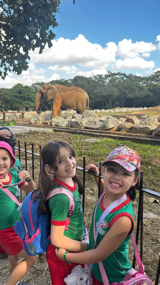 Duas alunas abraçadas durante o passeio ao zoológico, com um elefante ao fundo